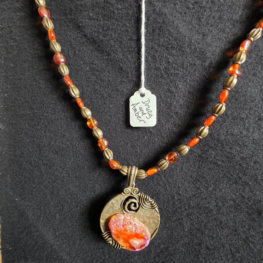 Bohemian Druzy and Amber Stone Pendant Necklace Brass Tone Chain